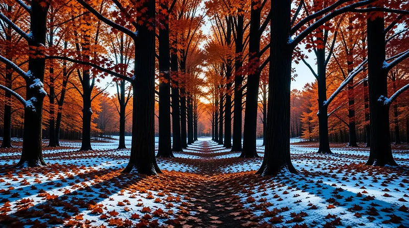Tall dark tree trunks line a snowy path scattered with bright orange maple leaves under soft sunlight.