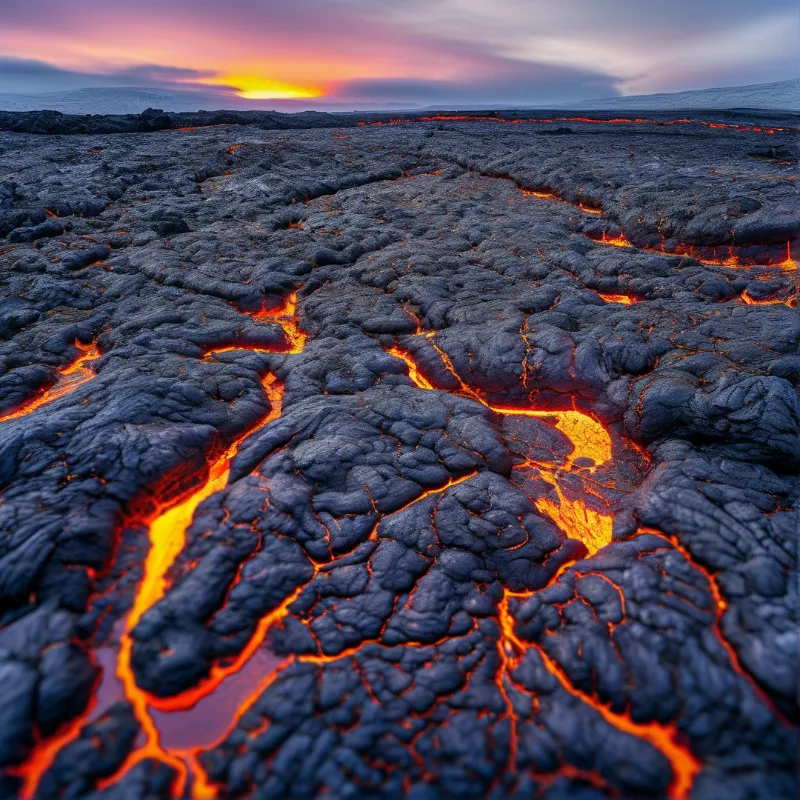 A wide field of black solidified lava is split by glowing orange rivers of molten rock beneath a pastel sunset sky.