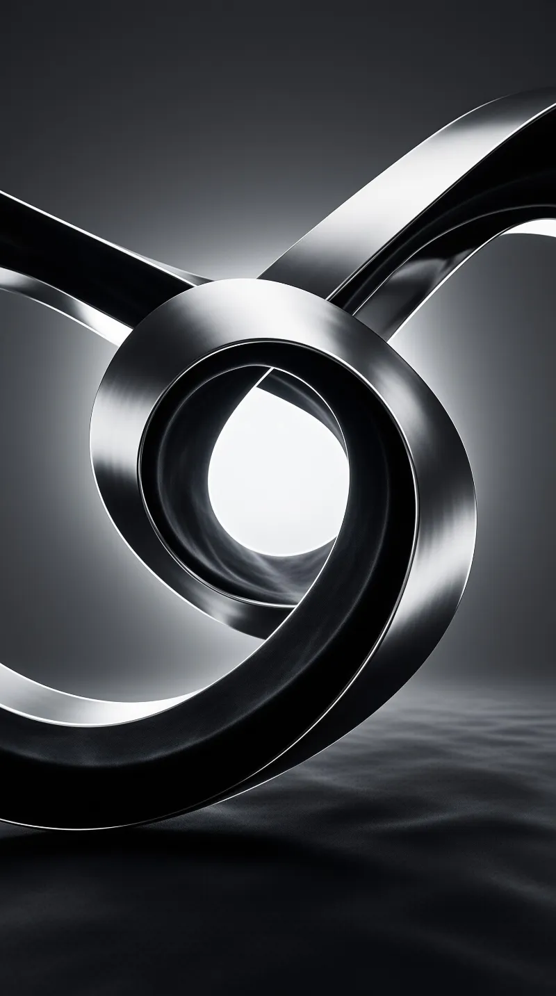 A smooth reflective metallic twisted torus curves above a softly rippled dark ground with bright highlights along its edges