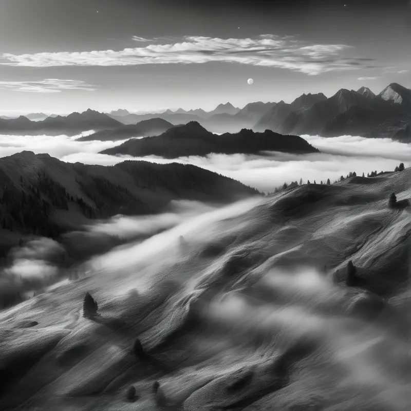 Monochromatic landscape featuring layered mountain ridges with clouds pooling in the valleys beneath a pale moon.