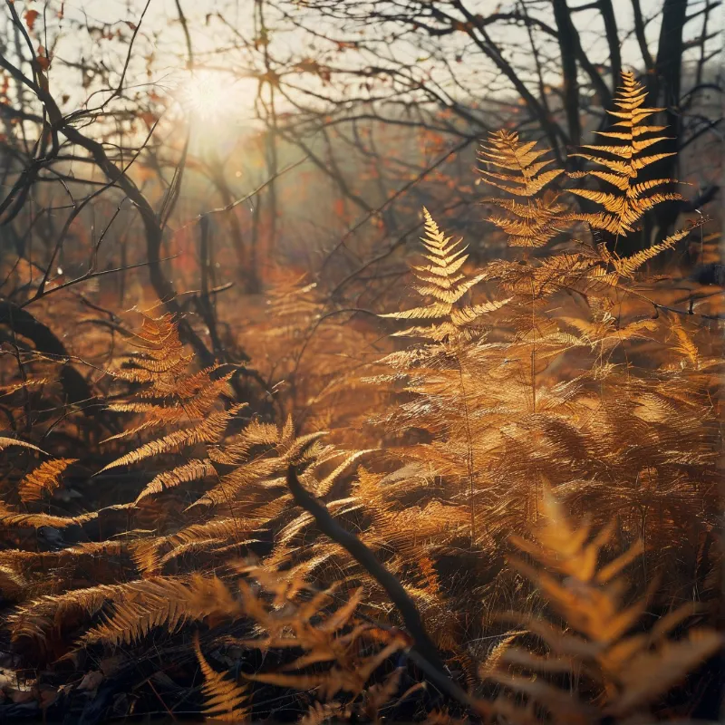 Dried brown ferns stand in a shadowy woodland as bright sun rays pierce bare branches creating a warm golden atmosphere.