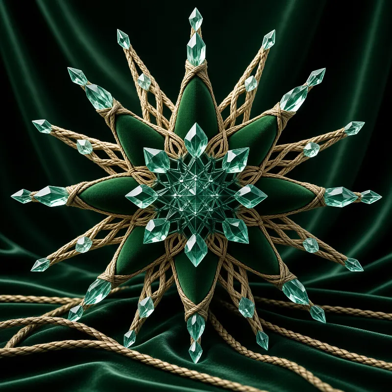 A star-shaped craft with green velvet petals and clear crystals wrapped in brown rope rests on draped dark green velvet.