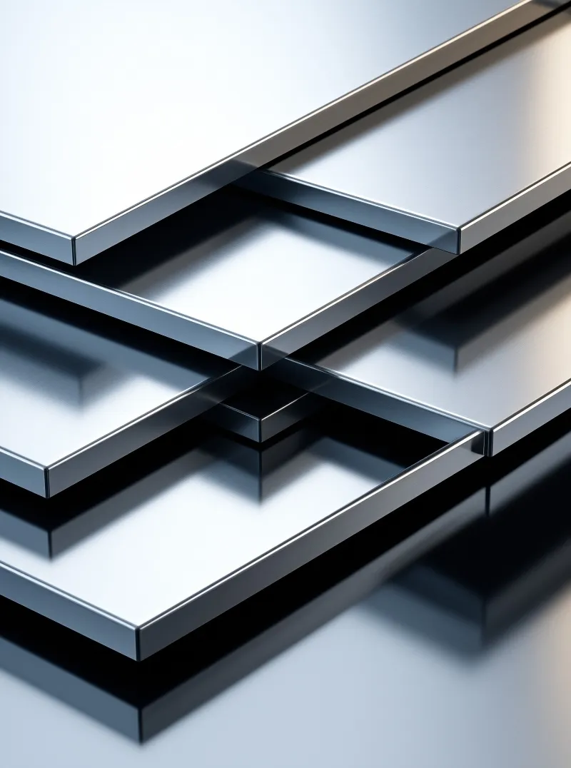 Layered brushed steel plates arranged with geometric precision featuring bright silver surfaces and deep shadows