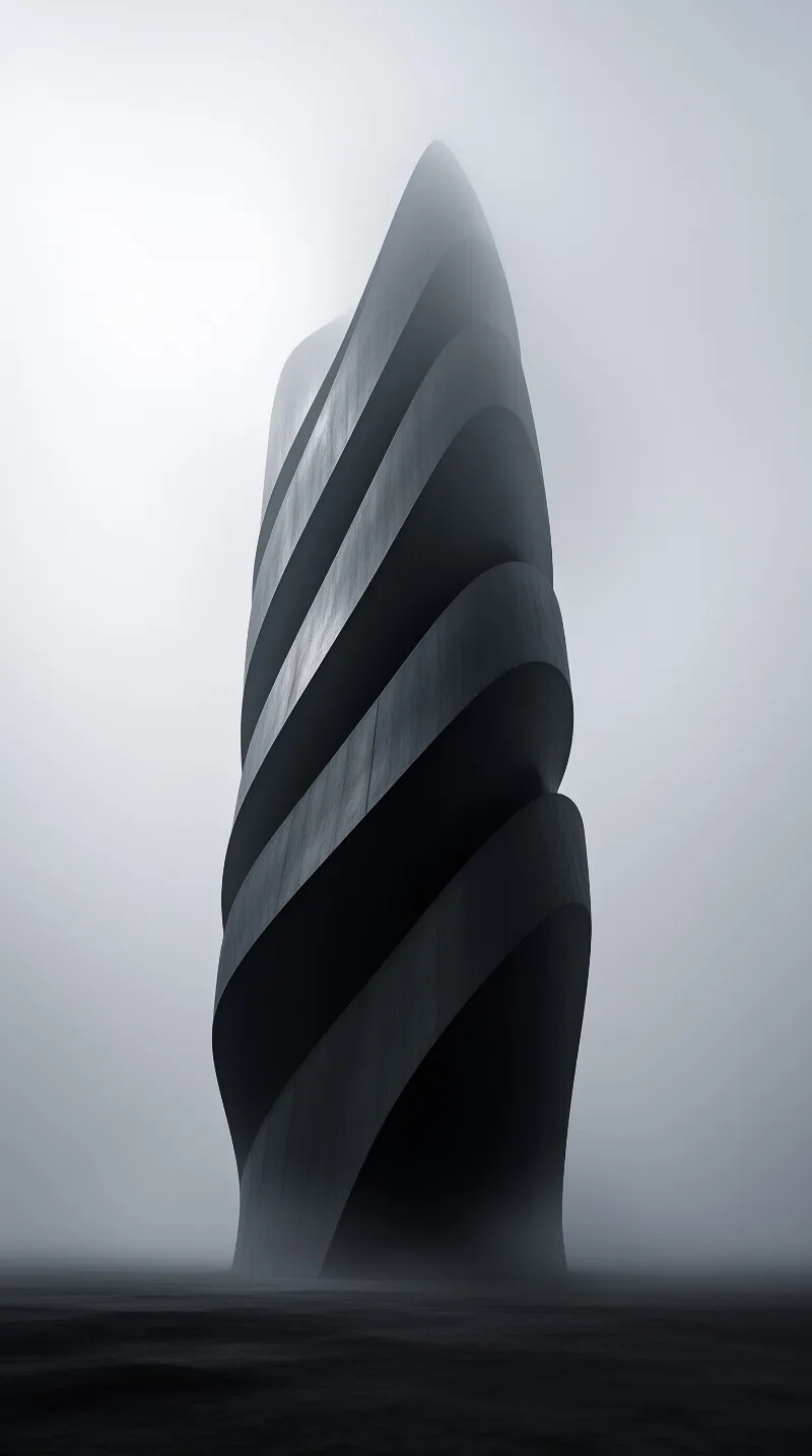 A tall twisted striped structure of dark and pale sections rises from dark still water shrouded in thick grey mist.