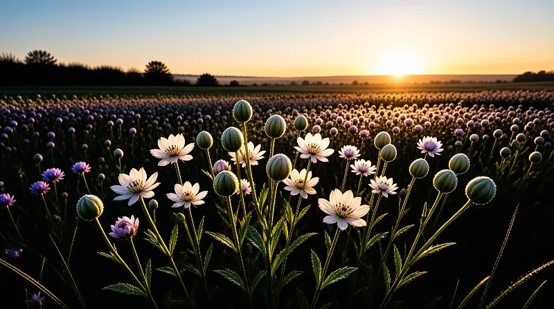A meadow of pale blossoms and round green seed heads backlit by a golden sunset over a dark tree line