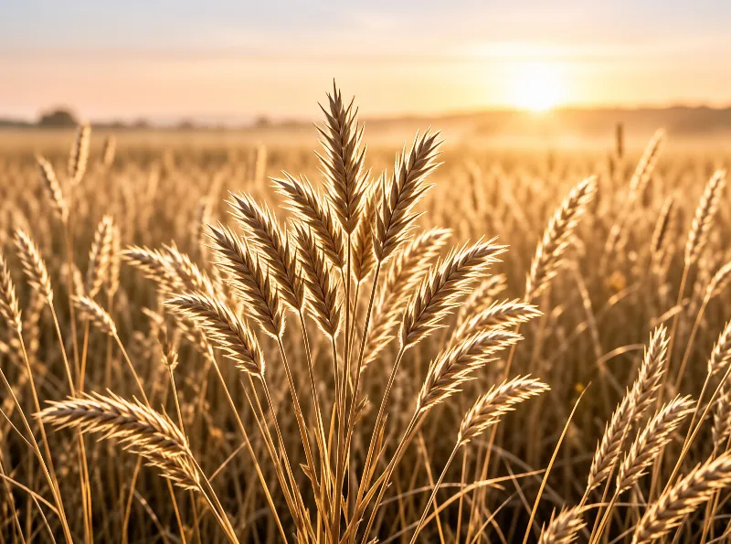 Tall golden grain heads stand sharply in focus against a blurred field bathed in warm sunset light.