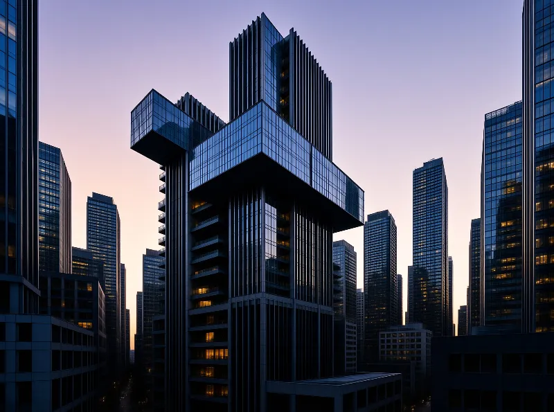 Cantilevered glass skyscraper looms over surrounding lit offices at dusk, warm windows glow against a fading pastel sky.