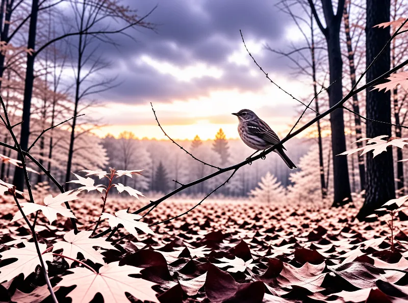 A small bird perches on a branch overlooking a forest floor of pink leaves beneath a cloudy sunset sky.
