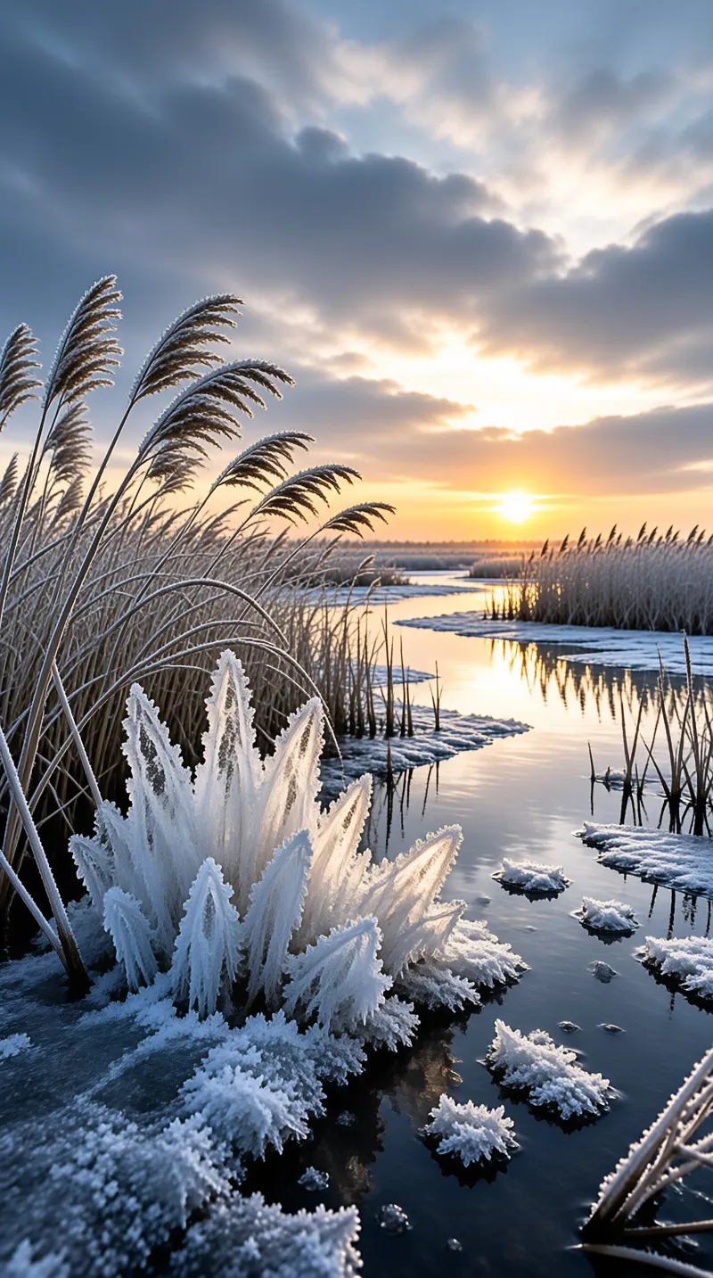 Tall frost-covered reeds line a partially frozen river reflecting golden sunset light through heavy clouds.