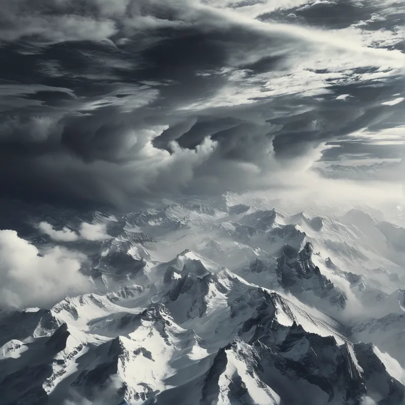 Snow capped mountain ridges rise sharply against a sky filled with dark swirling clouds and bright patches of light.
