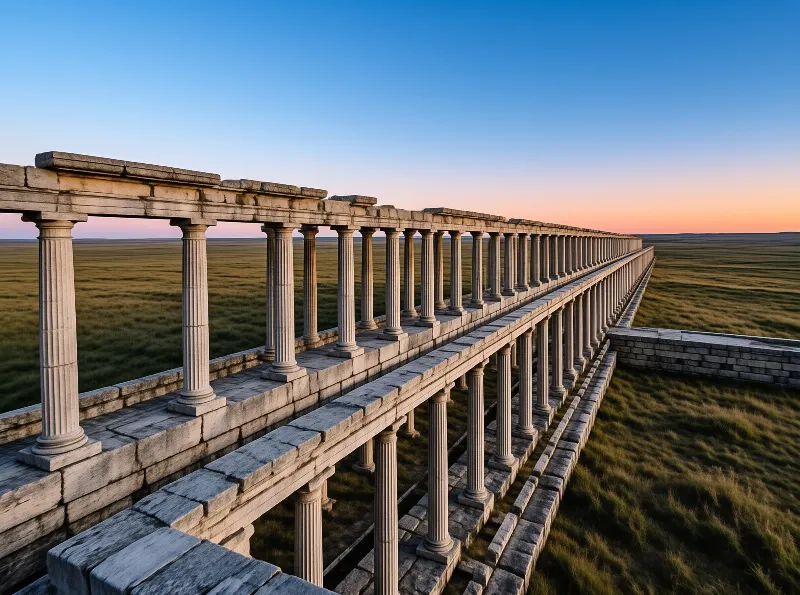 An ancient stone colonnade with fluted columns stretches across a vast grassy plain beneath a gradient sunset sky.