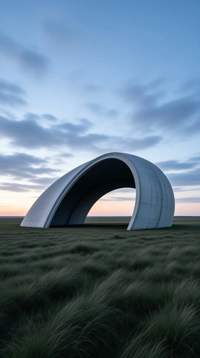 A massive white concrete arch stands alone in a field of tall grass under a blue twilight sky with a pink horizon.