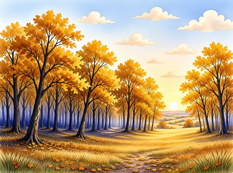 Tall trees with yellow leaves line a path toward a sunset over distant hills under blue sky.