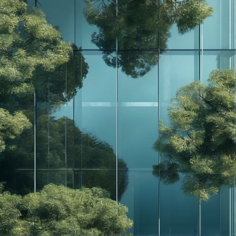 Tall glass building panels mirror lush green trees against a clear blue sky