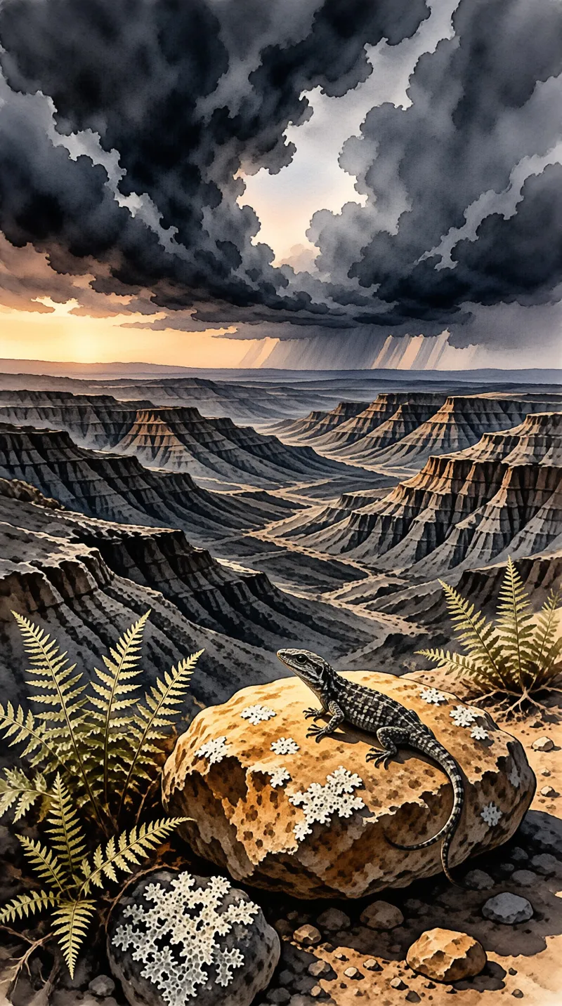 A lizard rests on a lichen-covered rock in a vast eroded canyon beneath heavy dark clouds illuminated by sunlight.