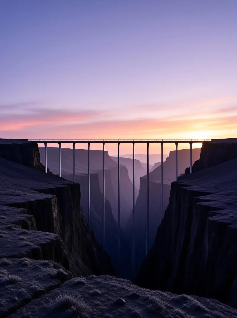 A slender long bridge extends across a deep misty canyon as warm sunset light tints the sky pink and blue.