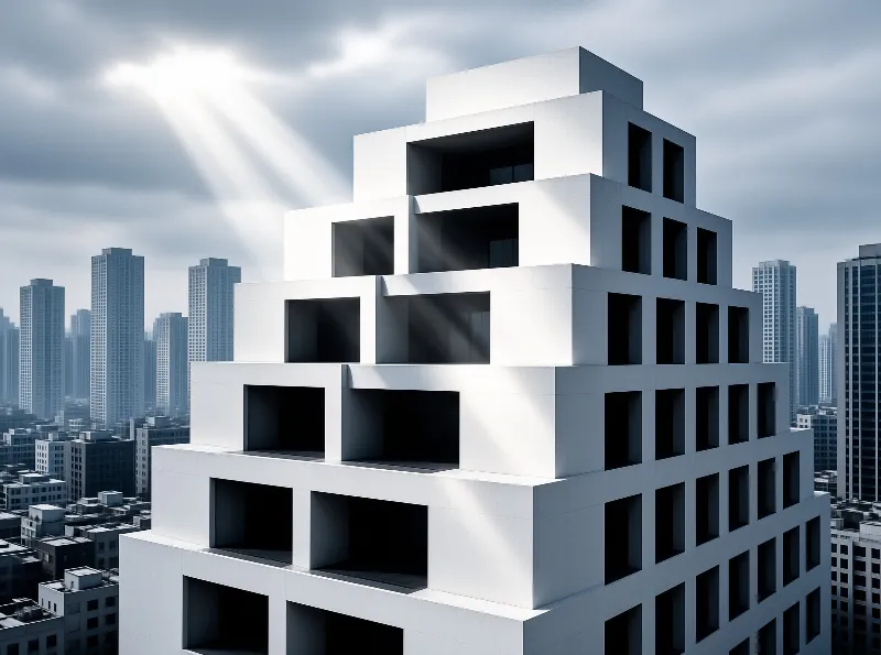 White stacked-cube tower with deep dark window openings stands in sunbeams above a hazy grey city skyline.