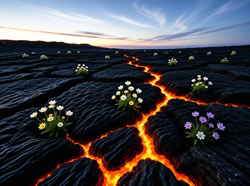 Small colorful flowers bloom on dark volcanic rock beside a bright orange river of fire under a twilight sky.