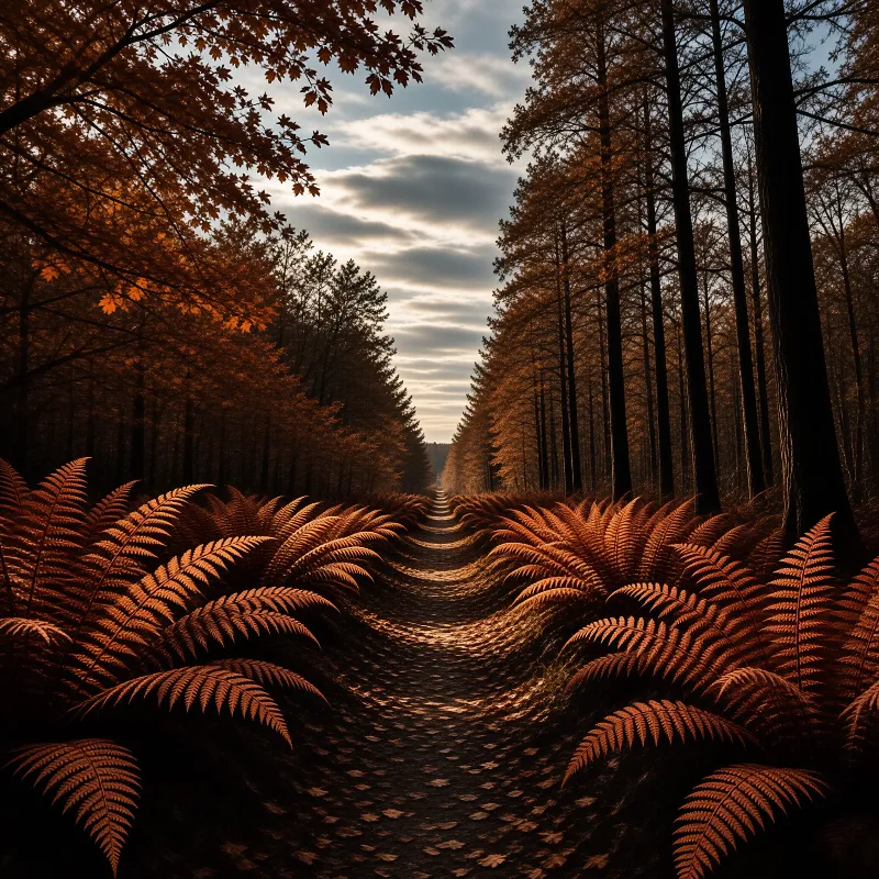 A dirt path winds through a pine forest lined with bright orange ferns under a soft sunset sky.