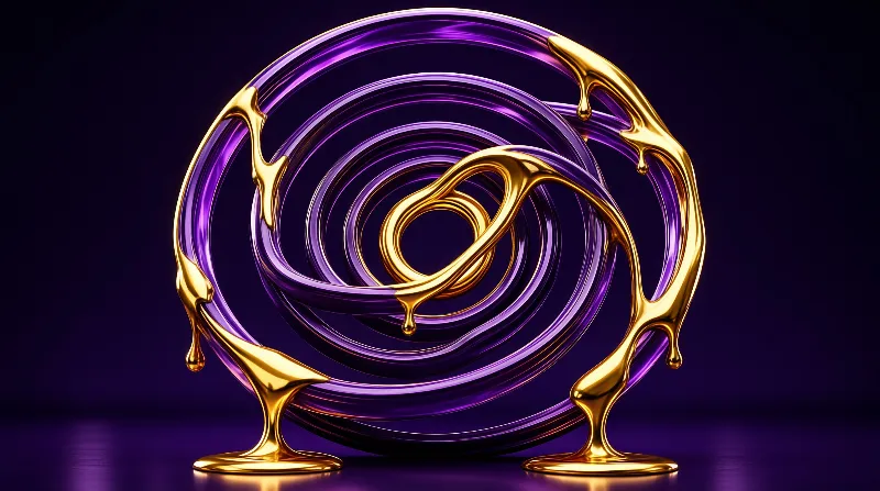 Artwork showing concentric purple rings intertwined with dripping golden liquid forms against a dark background.