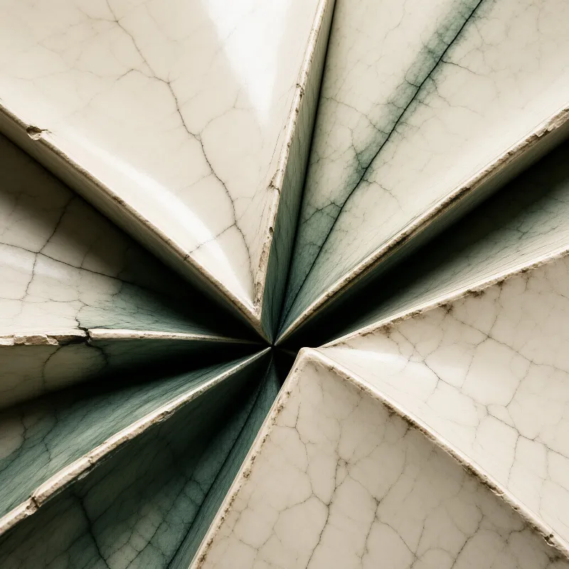 Close-up of cracked white ceramic tiles with a radial starburst pattern converging to a dark center