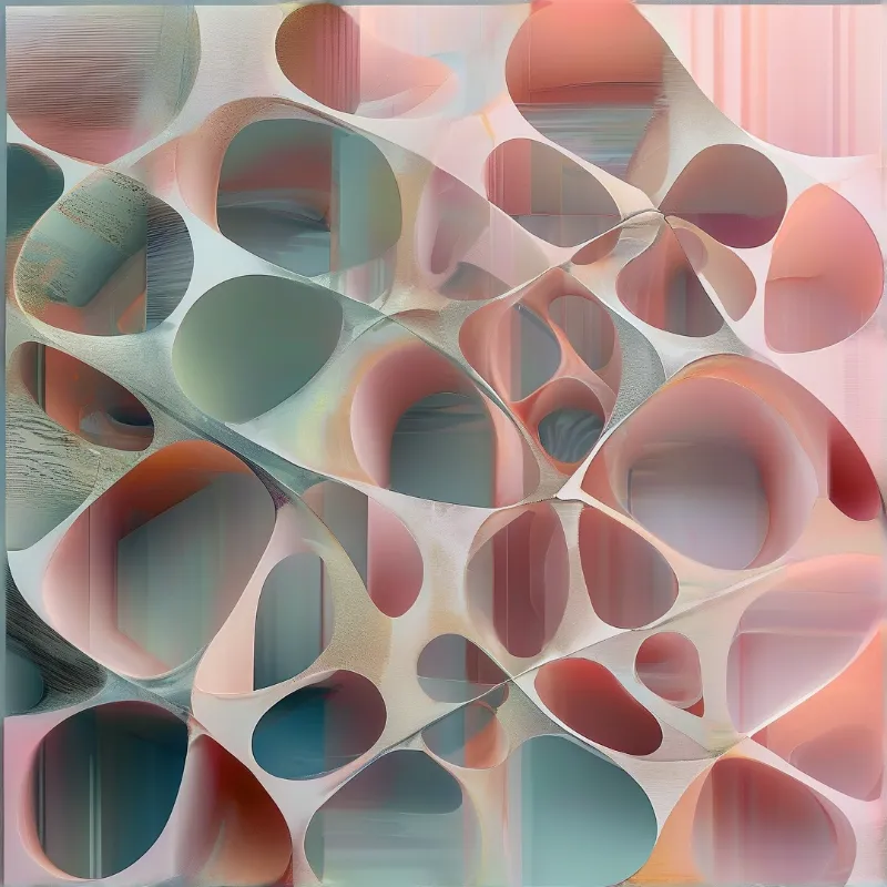 A porous three-dimensional web of smooth hollow shapes in blended peach and teal tones lit by soft diffused light