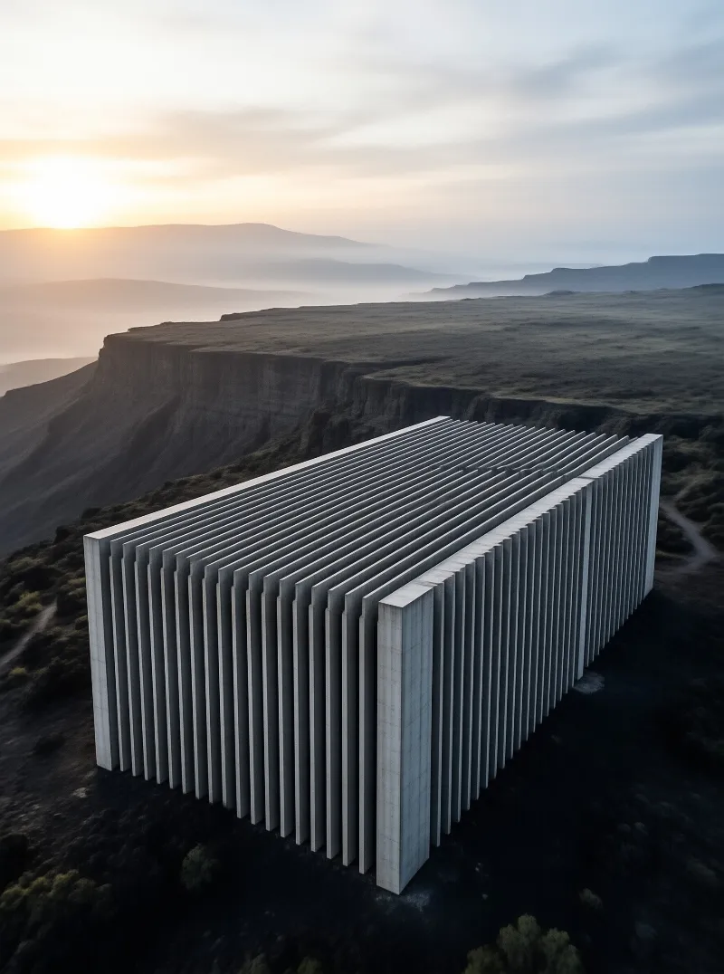 A row of tall concrete fins stands isolated on a grassy plateau overlooking misty canyons at dusk.