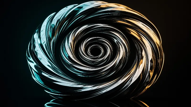 A reflective metal spiral curves inward against a black backdrop featuring teal and gold color gradients.