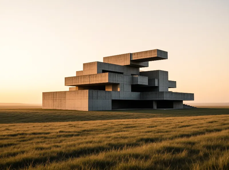 Brutalist Building at Sunset
