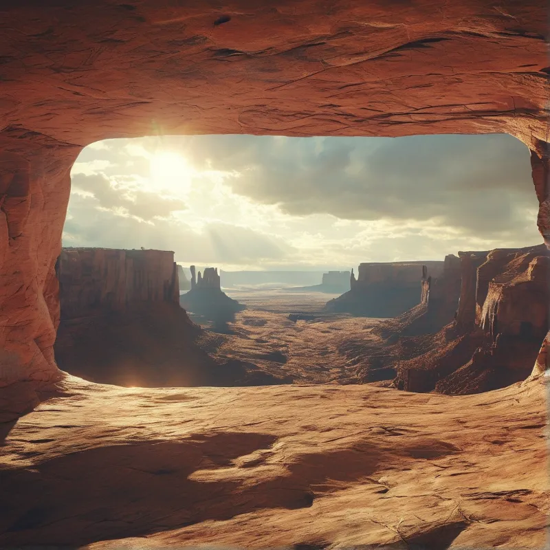 Looking out through a rough sandstone opening onto a vast desert plateau with distant cliffs and sunlight.