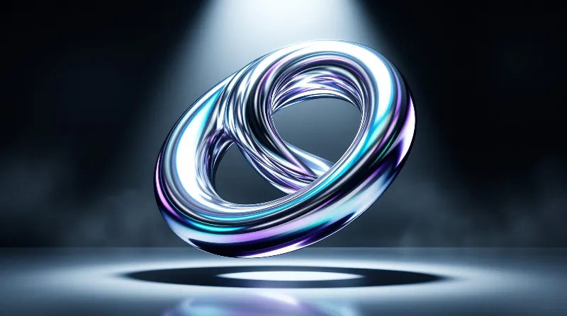 Twisted metallic ring with iridescent blue and purple reflections hovers above a dark reflective surface lit by spotlight.