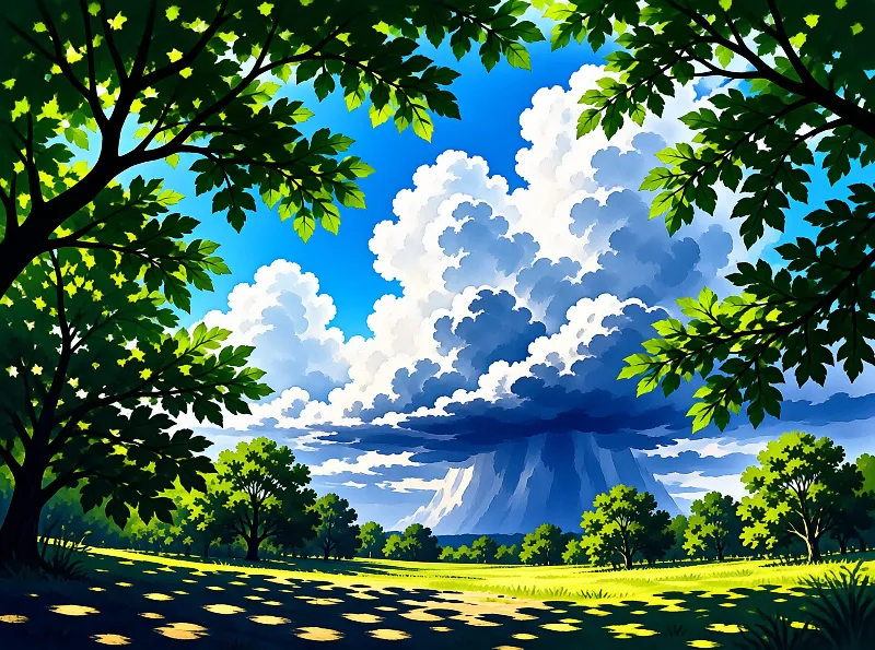 Huge storm cloud with rain falling over a grassy field framed by trees in the foreground.