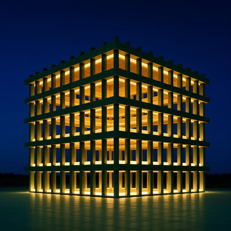 A multi-story wooden grid emits warm yellow light from inside while standing on a reflective surface against a dark blue sky