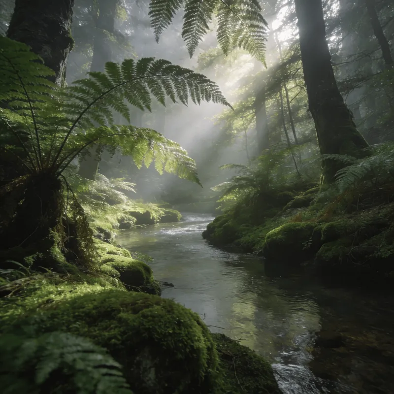Soft Moss and Ferns in Morning Light