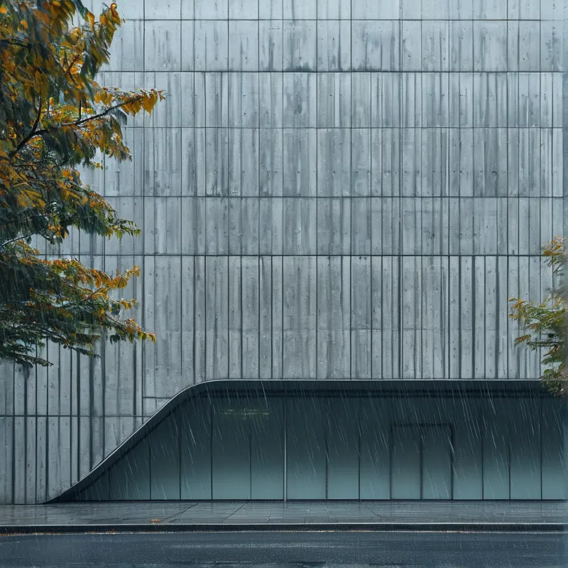 A board-formed concrete wall with a curved glass base stands in soft falling rain.