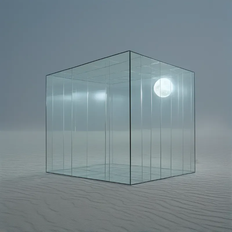 A transparent paneled cube rests on a vast pale grey salt flat, a bright full moon glows through its side under a hazy grey sky.