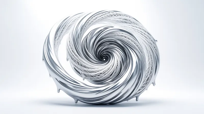 A metallic spiral sculpture featuring wire mesh and flowing liquid textures rests on a white surface.