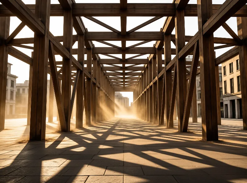 Sunlight streams through vertical wooden beams casting patterns on stone tiles within an open urban plaza.