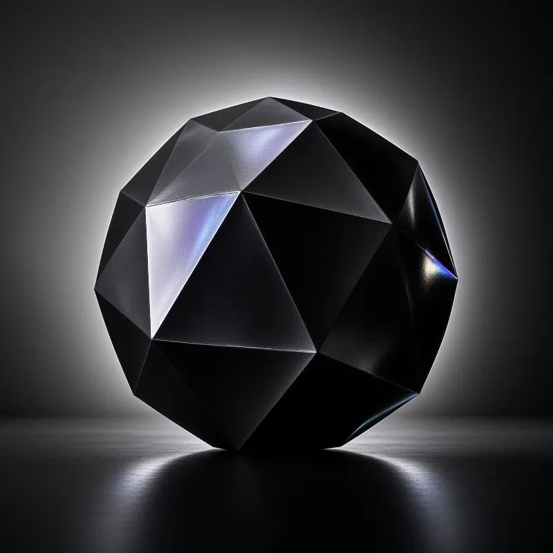 A black faceted polyhedron rests on a dark glossy surface illuminated by cool purple light