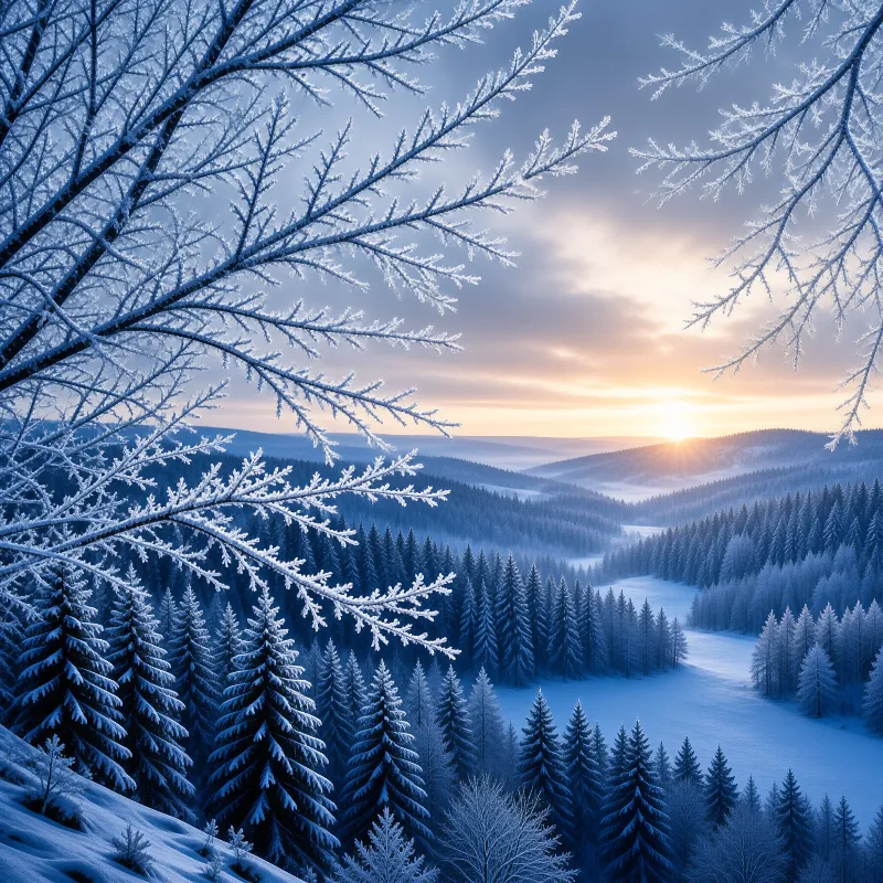 Ice encrusted twigs frame a winding frozen river cutting through a dense blue snowy forest valley during a bright sunrise