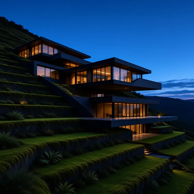 A modern multilevel villa on a terraced hillside glows with warm light from its windows against a deep blue twilight sky.