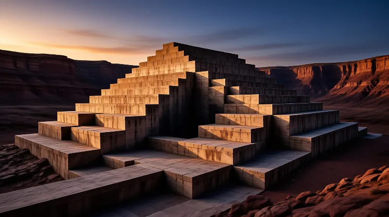 A massive stepped stone pyramid stands in a vast desert canyon, bathed in the warm golden light of a setting sun.