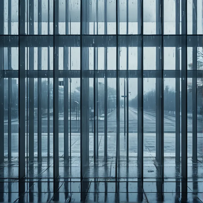 Rainy droplets on a glass wall frame a view of a wet urban street with streetlights and trees.