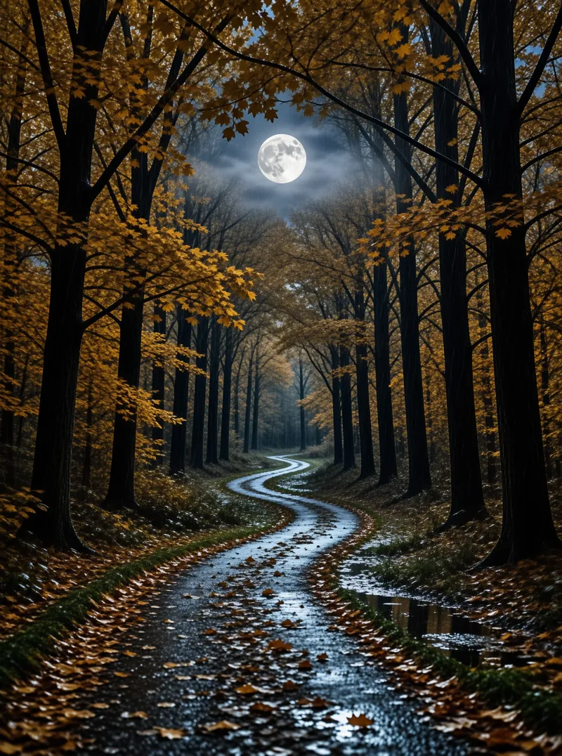 Moonlit Autumn Forest Path