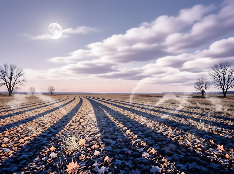 Curved furrows of dried earth lead to a horizon lined with leafless trees under a luminous celestial body.