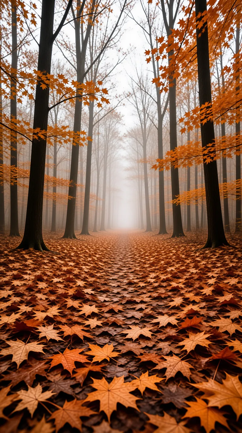 Trail of autumn foliage leads through tall trees obscured by white atmospheric fog.