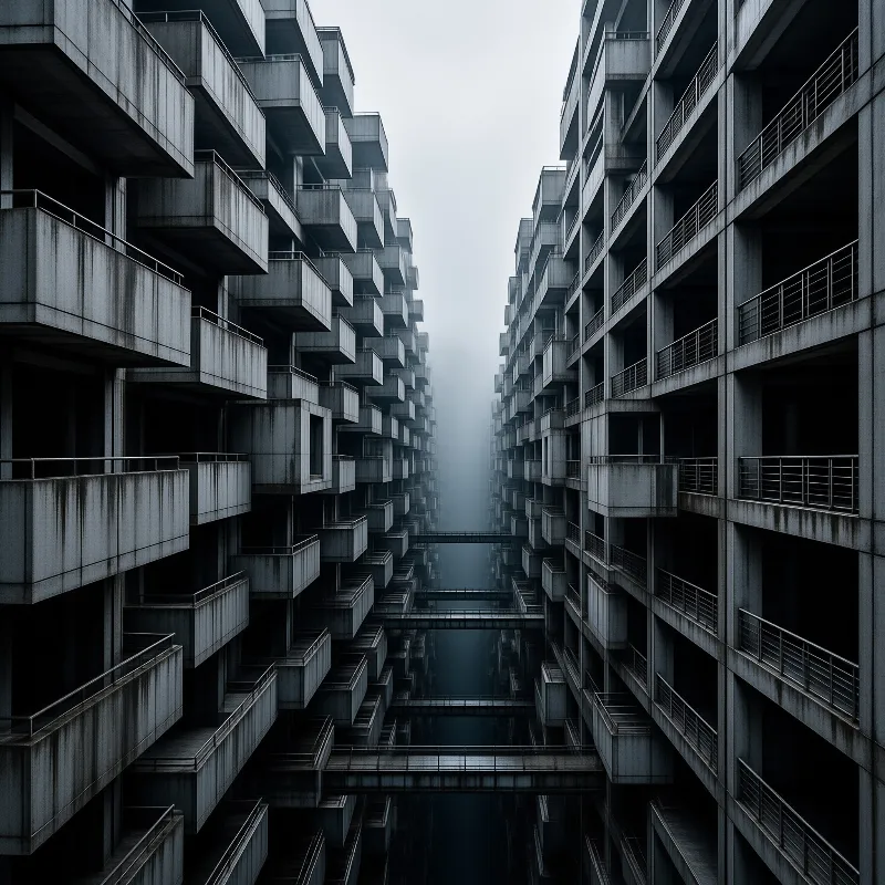 Two massive concrete buildings face each other across a narrow gap filled with mist and connected by bridges.