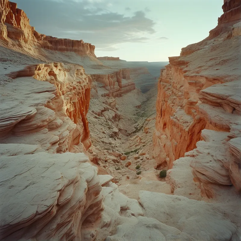 A deep canyon view showing layered rock walls illuminated by warm sunset light with sparse vegetation at the bottom.