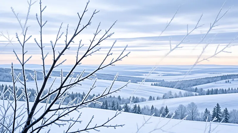 Icy bare twigs frame a wide snow covered forested landscape under a pale dawn sky with a soft warm horizon glow.