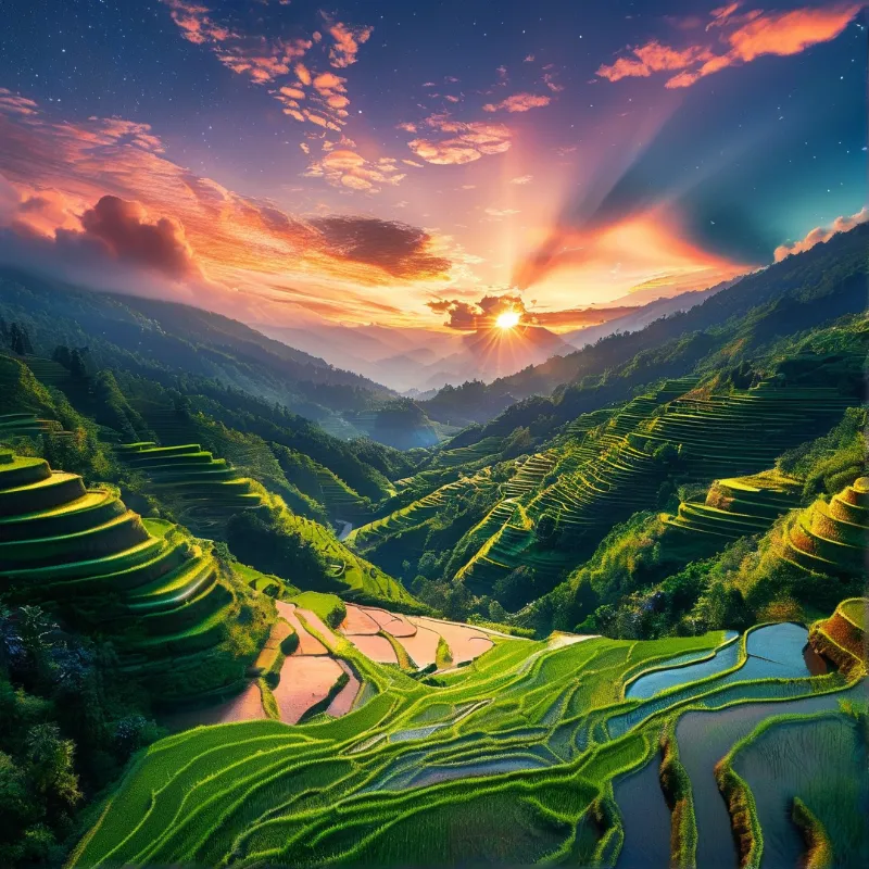 Mountain Rice Terraces at Sunset